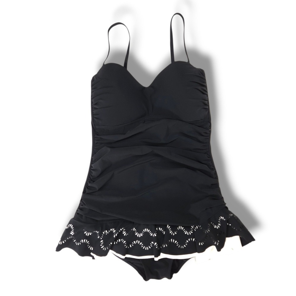 Profile By Gottex Tutti Frutti Swimdress Laser Cut Tummy Control Black White 14